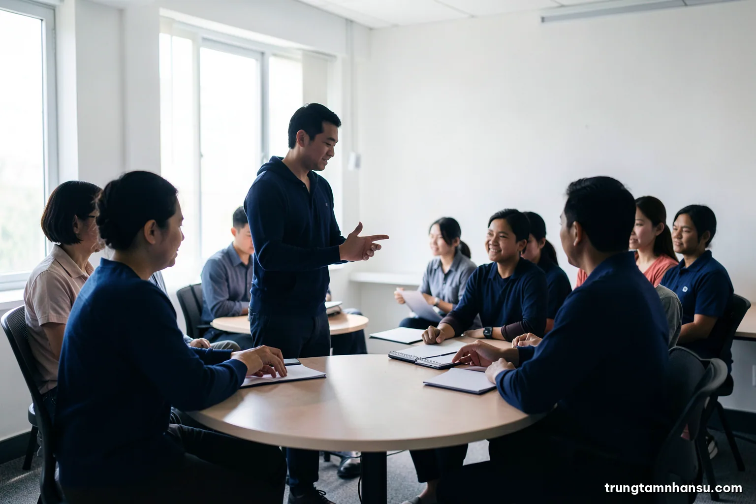 Silhouettes of four people around a round table in a bright training room, one standing and gesturing, observers seated behind with blank notepads, wide shot, soft white and navy tones