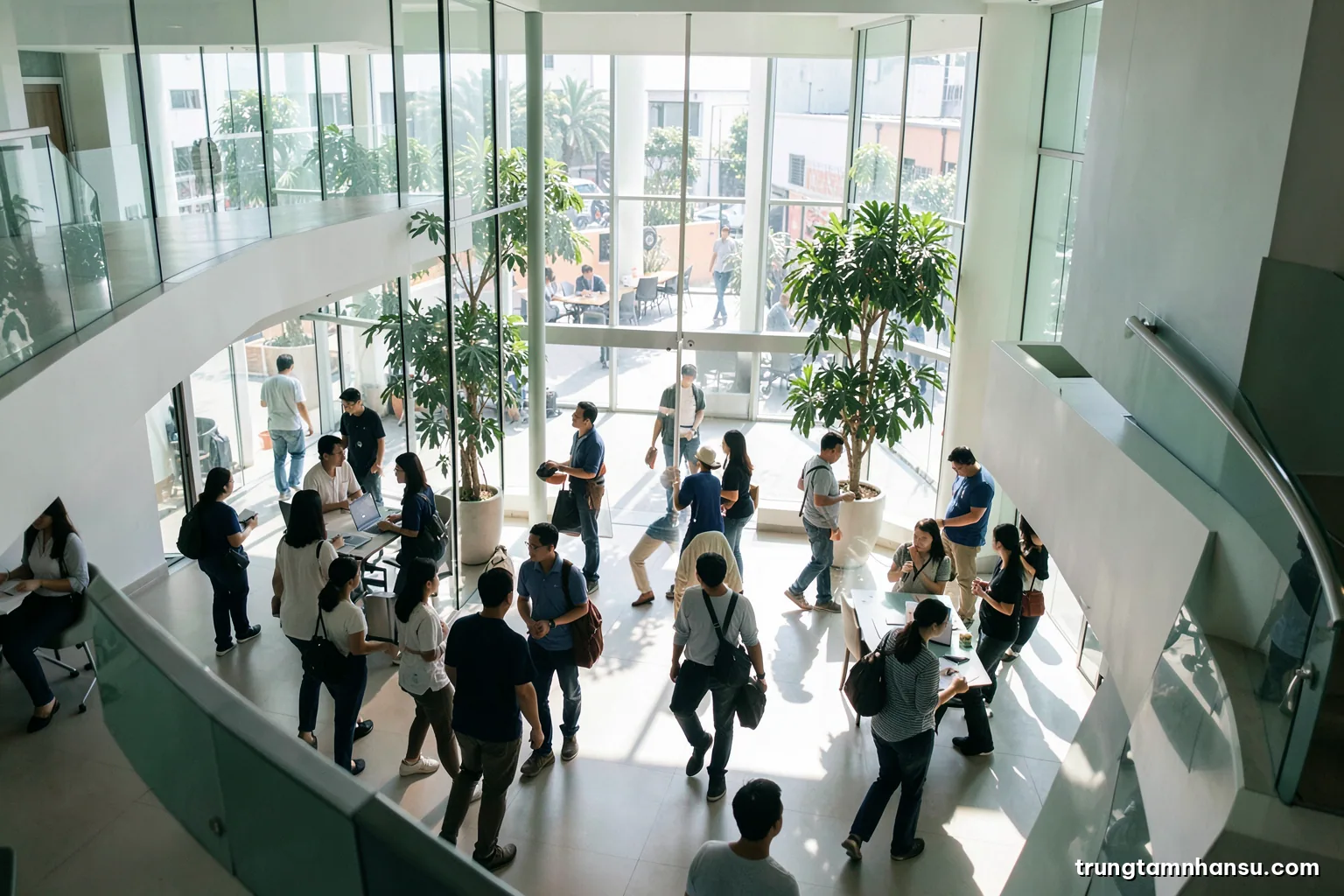 Silhouettes of employees walking through a bright modern lobby with glass walls and indoor trees, viewed from a mezzanine above, morning light casting long shadows, clean white and green palette