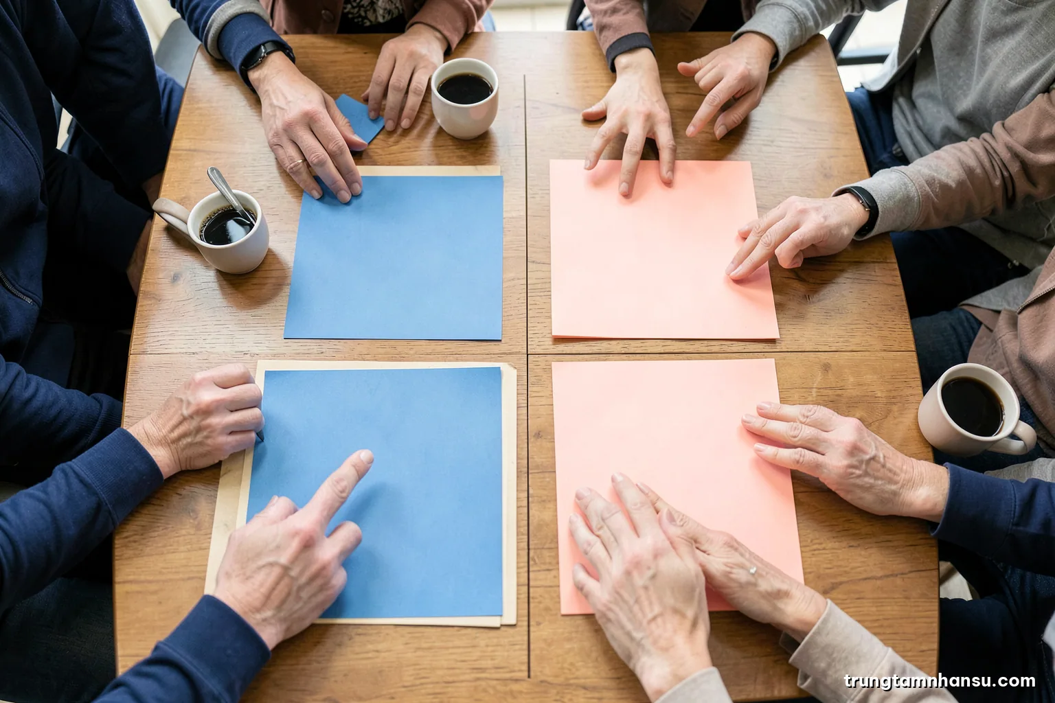 Top-down view of a wooden conference table with four colored paper sticky groups arranged in quadrants, blank cards, coffee cups, hands of several people reaching in, soft morning light