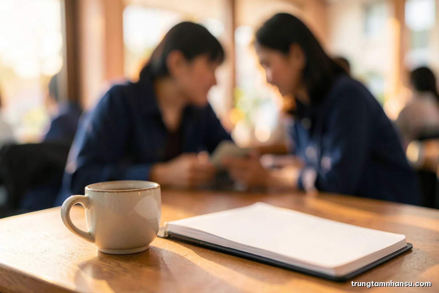 Macro shot of a ceramic coffee cup and an open blank notebook on a café table, two blurred Vietnamese figures leaning toward each other in background, golden hour light, soft amber palette