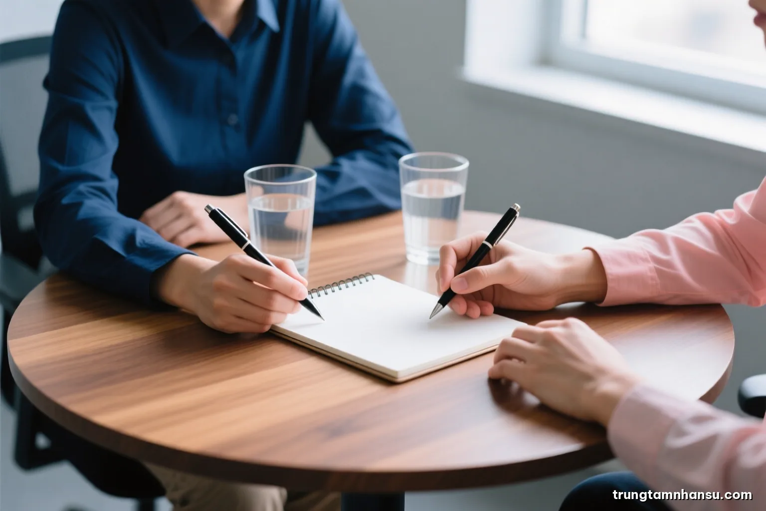 Close-up of two pairs of hands on a round wooden table, one holding a pen above a blank notepad, two glasses of water, soft side window light, calm grey and walnut palette