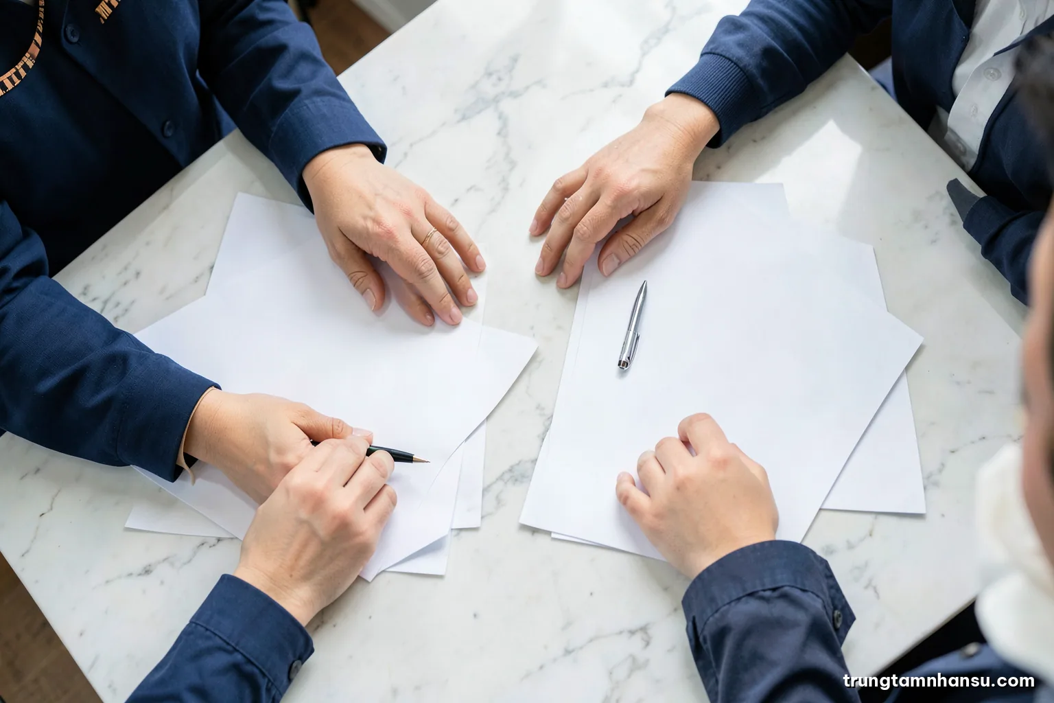 Overhead view of two pairs of hands, one Vietnamese HR officer and one employee, resting near a fountain pen and blank sheets on a pale marble desk, crisp daylight, slate blue and white palette