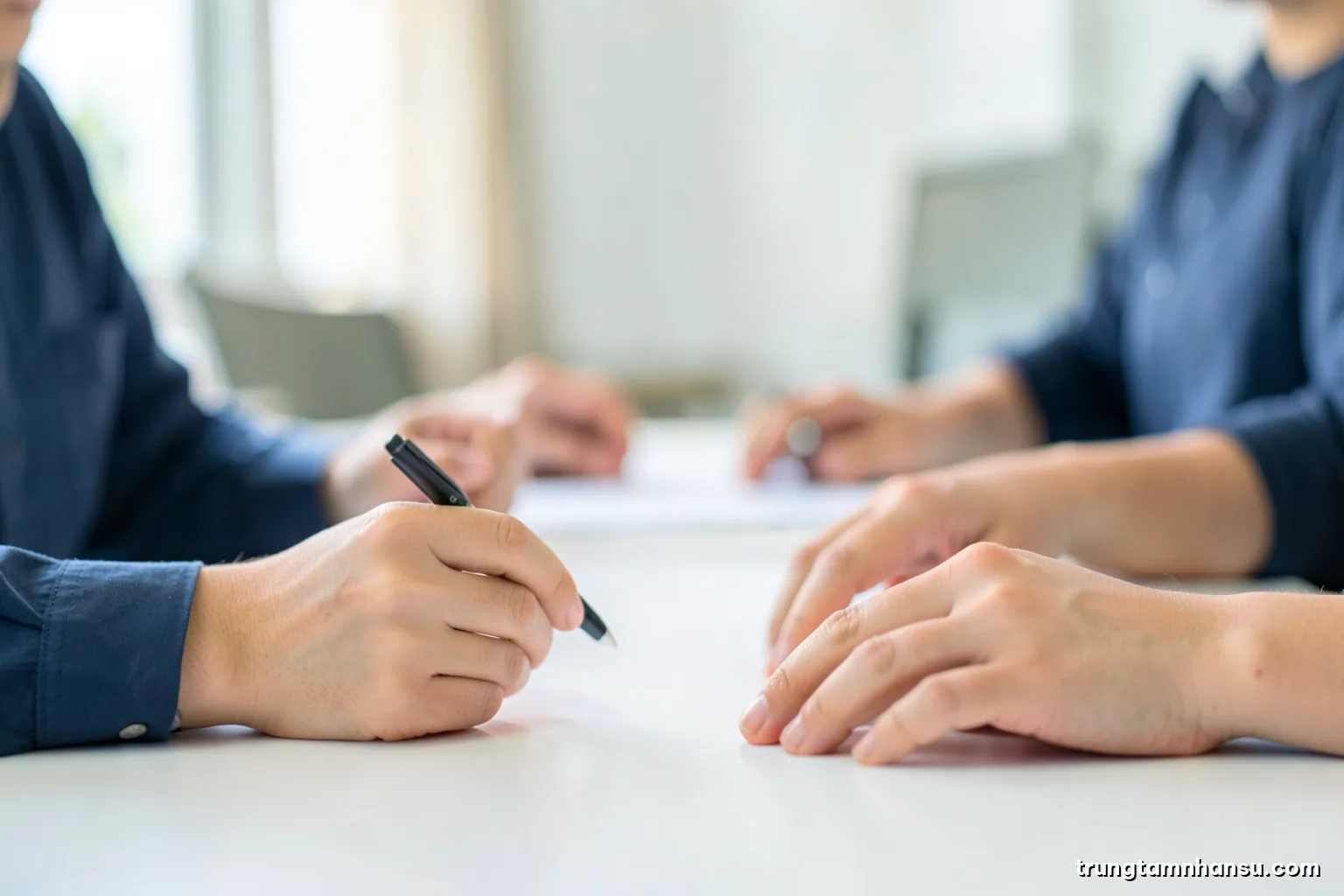 Close-up of two pairs of hands across a white table, one holding a closed pen, one resting calmly, neutral office background softly blurred, morning light, beige and teal palette