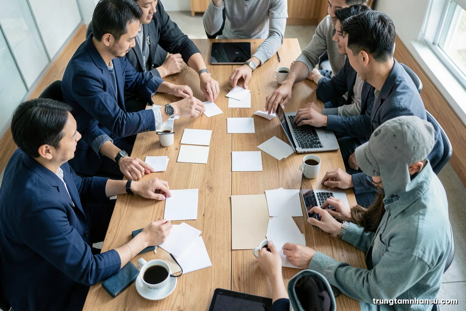 Overhead view of a long wooden meeting table where a Vietnamese HR team arranges blank cards into groups, coffee cups and laptops with dark screens, soft daylight, muted teal and oak palette