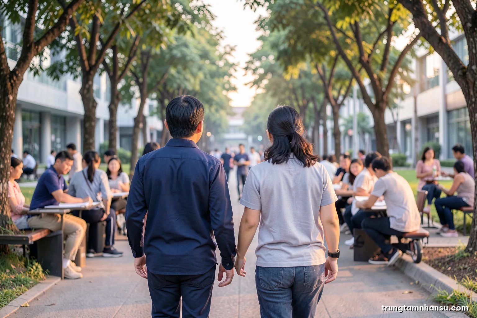 Two colleagues seen from behind walking and talking along a tree-lined path outside a modern office campus in Da Nang, late afternoon light, soft lavender and green palette