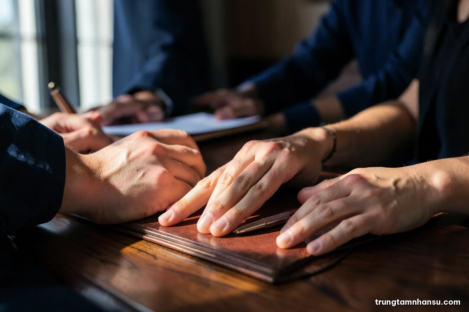 Close-up of two hands resting on a polished walnut table near a closed folder and a fountain pen, dramatic side window light, deep shadows, rich brown and navy palette