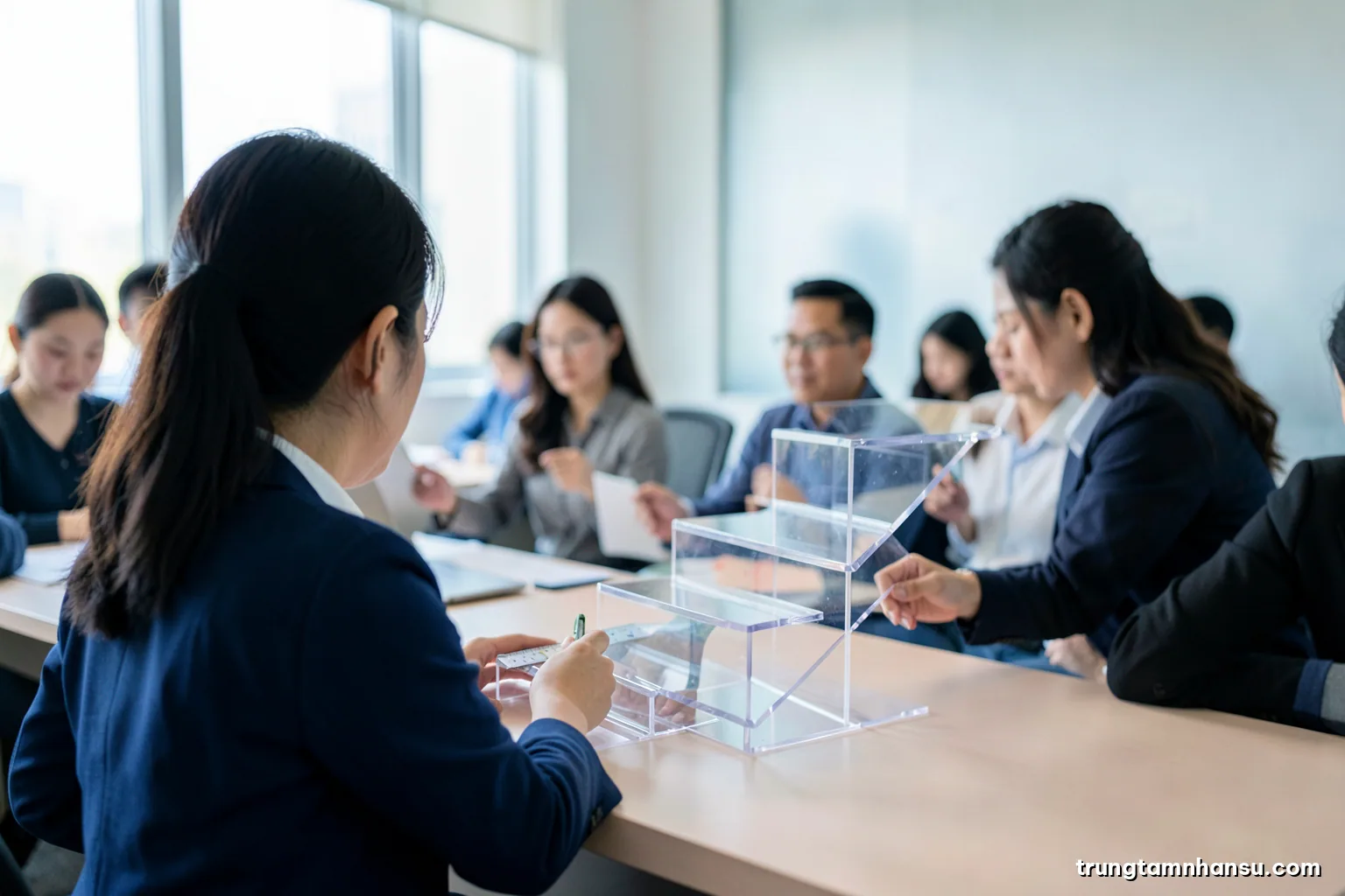 Wide shot of an architect style model of ascending translucent acrylic steps on a pale desk, Vietnamese woman seen from behind measuring with a ruler, diffused window light, frosted blue and white palette