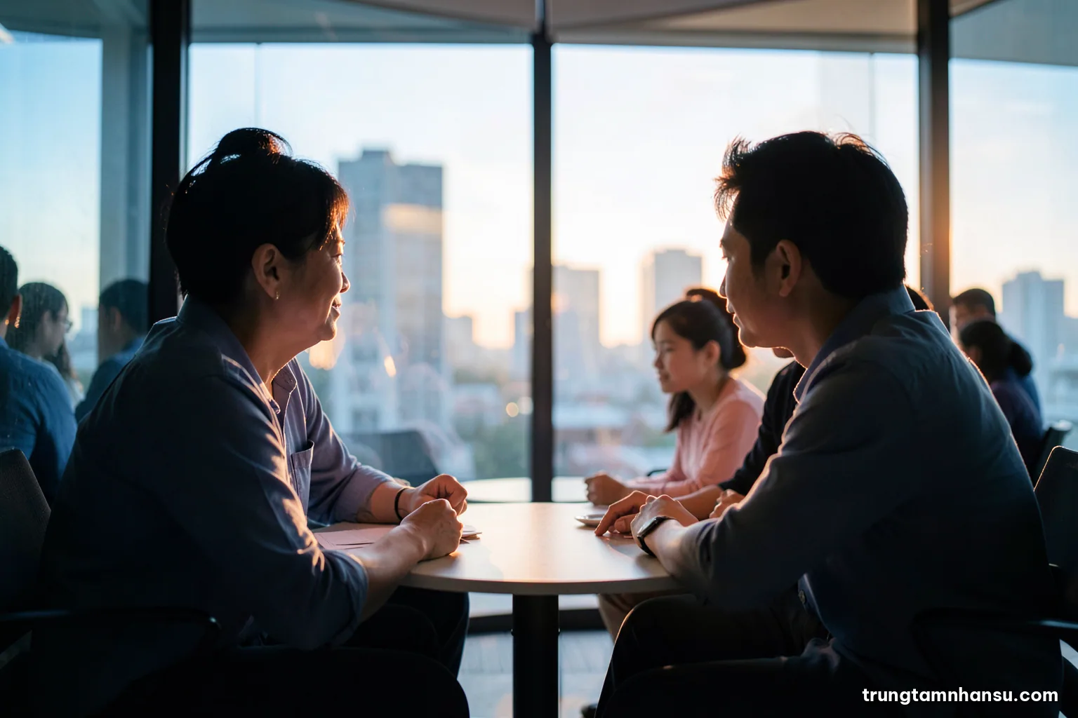 Low angle view of two people in a calm glass-walled meeting room facing each other across a small round table, faces not visible, late afternoon backlight, deep blue and warm orange palette