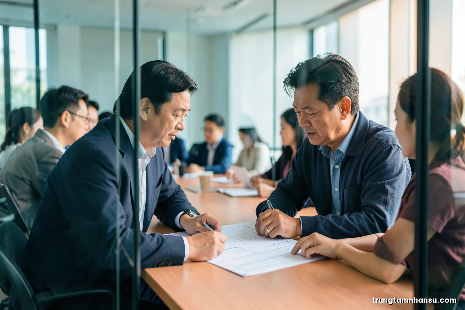 Low angle view through a glass meeting room wall, two Vietnamese managers comparing blank evaluation sheets at a long table, afternoon light, cool teal and soft orange palette