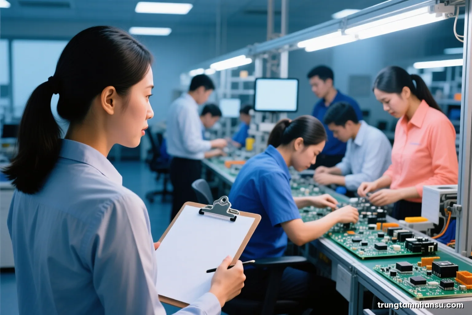 Over-the-shoulder view of a Vietnamese HR specialist observing a factory line worker assembling electronic parts, clipboard with blank sheet, cool fluorescent light, steel blue and amber palette