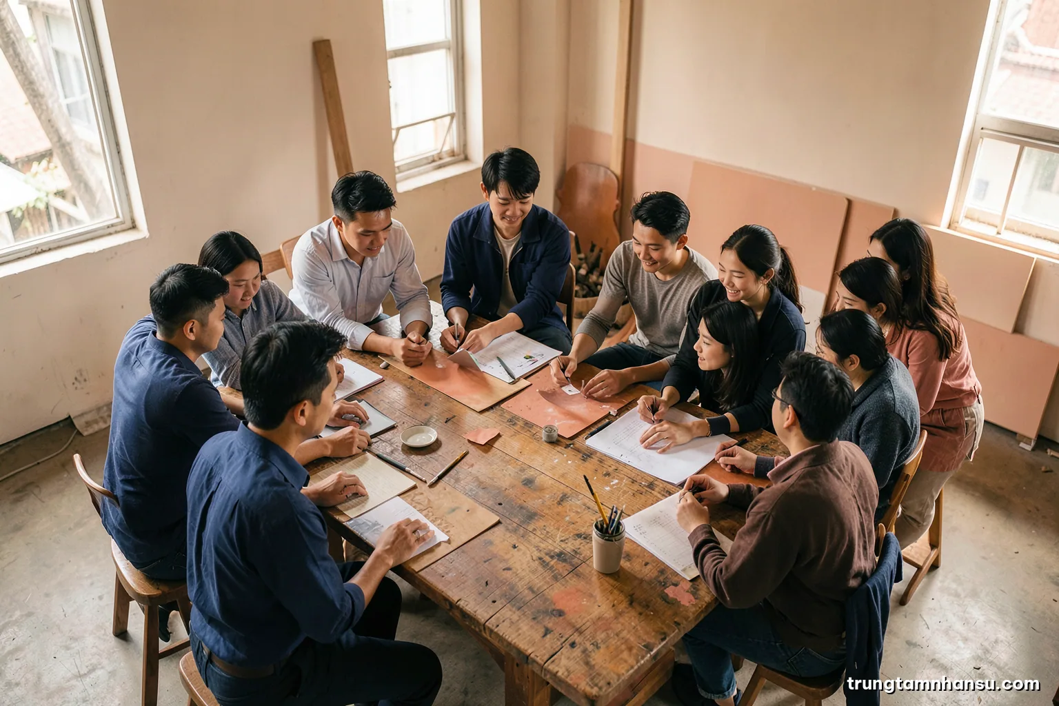 Diverse group of young Vietnamese colleagues collaborating around a long wooden workbench in a loft studio, seen from a high corner angle, warm tungsten light, ochre and charcoal palette