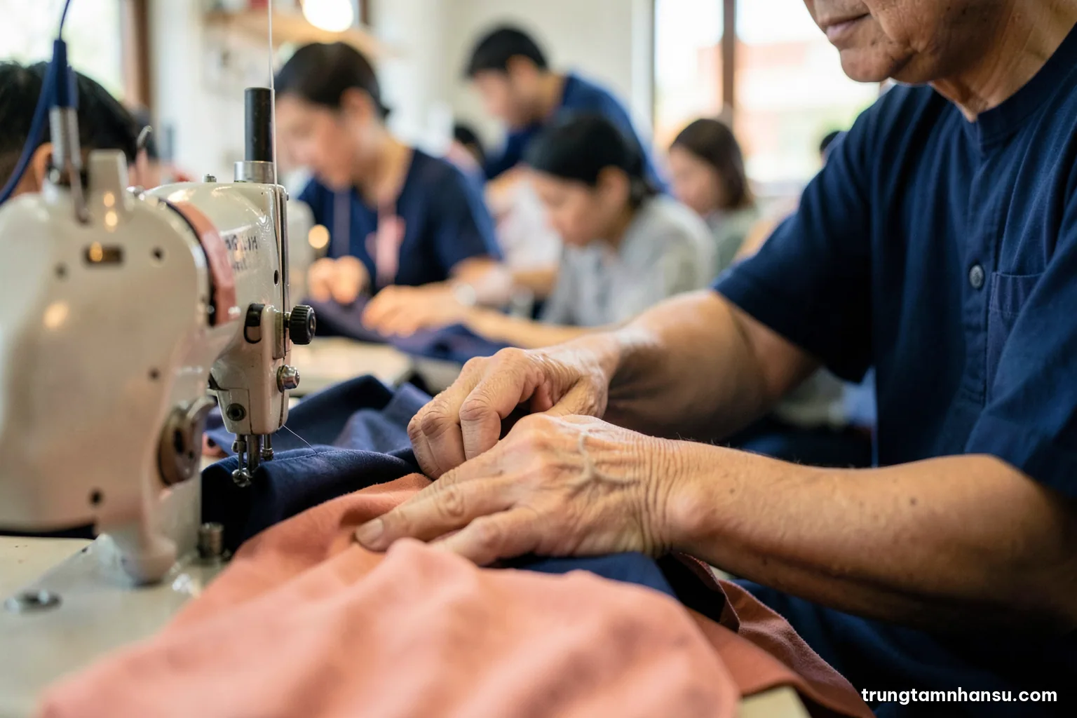 Macro shot of an experienced Vietnamese worker hands guiding a trainee hands on a sewing machine in a garment workshop, fabric texture in focus, warm tungsten light, indigo and rust palette