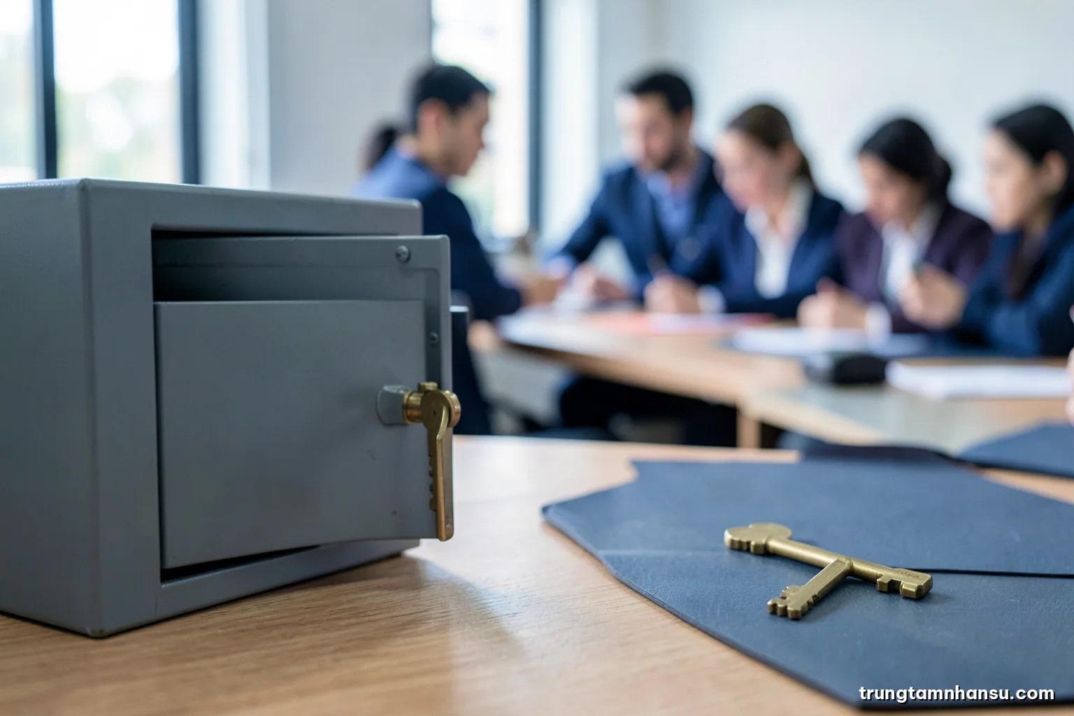 Close-up of a locked grey steel filing cabinet drawer beside a small brass key on a wooden counter, cool window light, slate blue and brass palette, minimalist composition