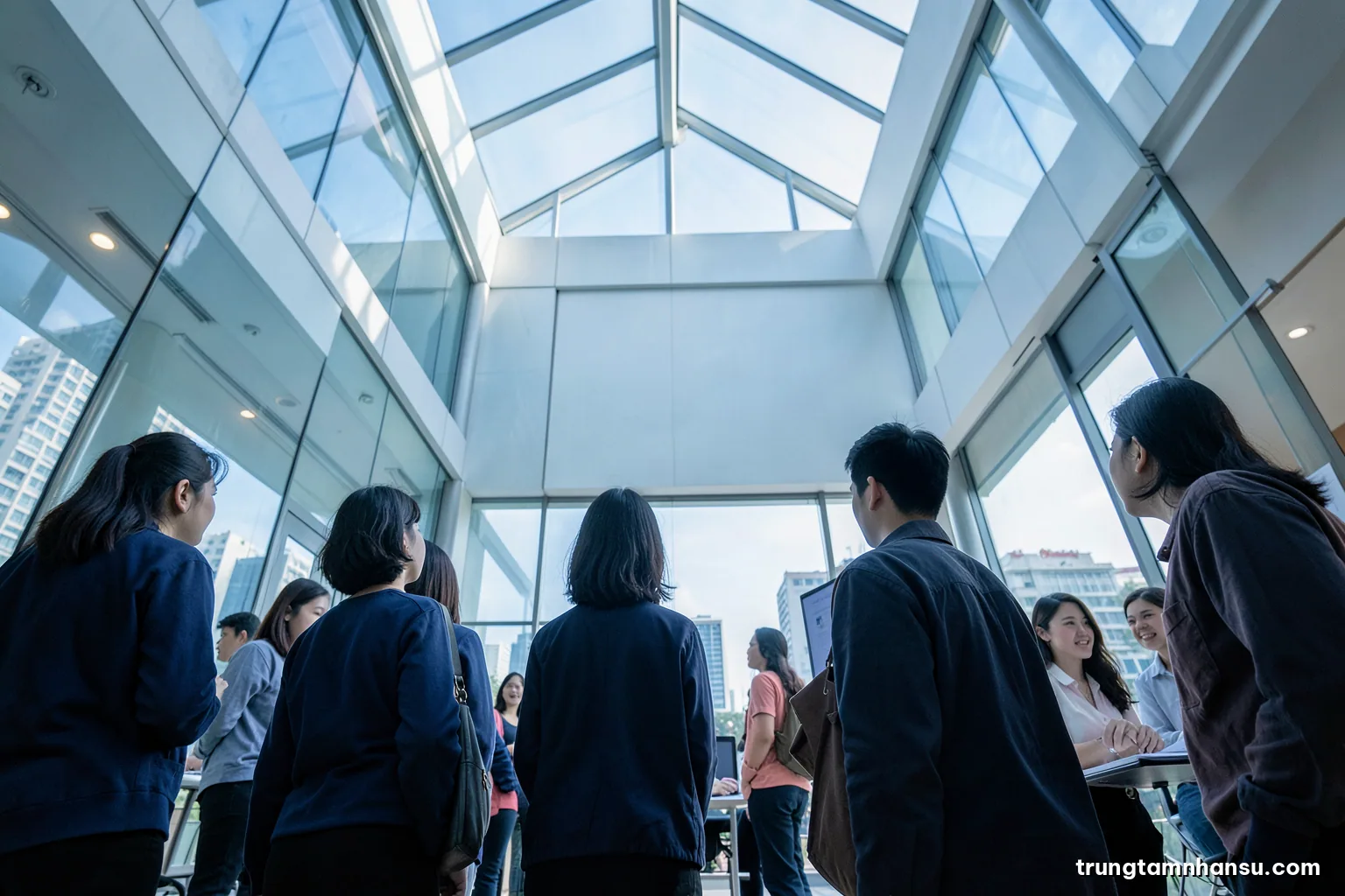 Low angle view of a glass office atrium in Ho Chi Minh City with a diverse Vietnamese team seen from behind looking up at a skylight, cool morning light, silver and sky blue palette