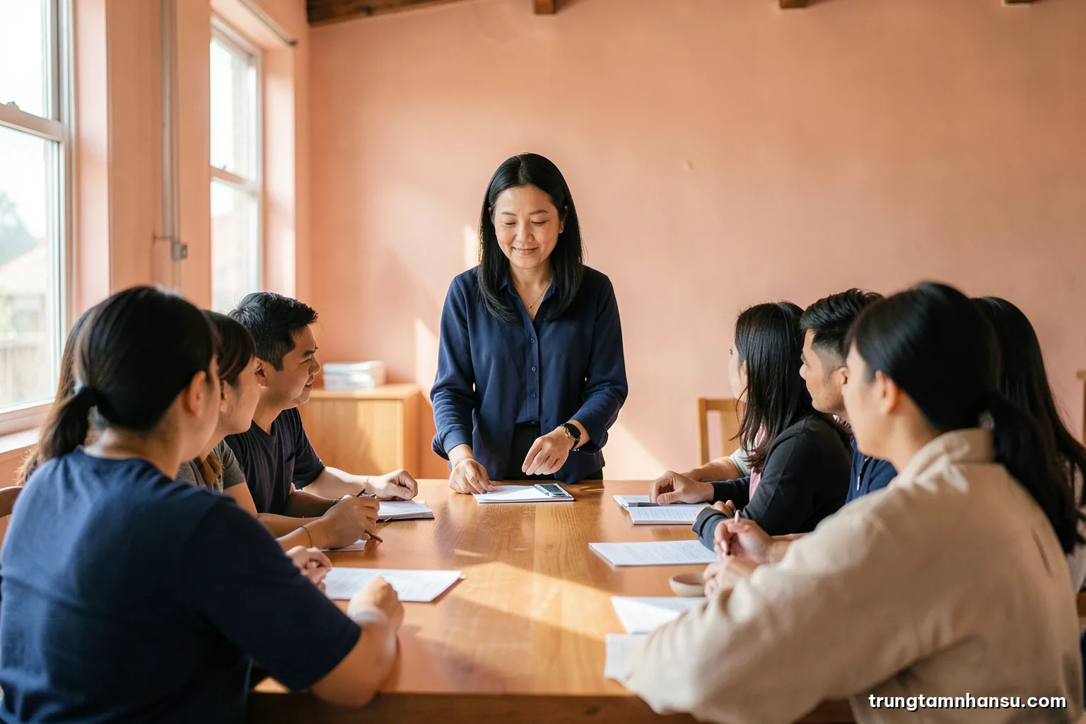 Wide shot of a Vietnamese woman leader standing at the head of a long table listening to her seated team in a sunlit loft office, faces turned away, warm neutral and terracotta palette