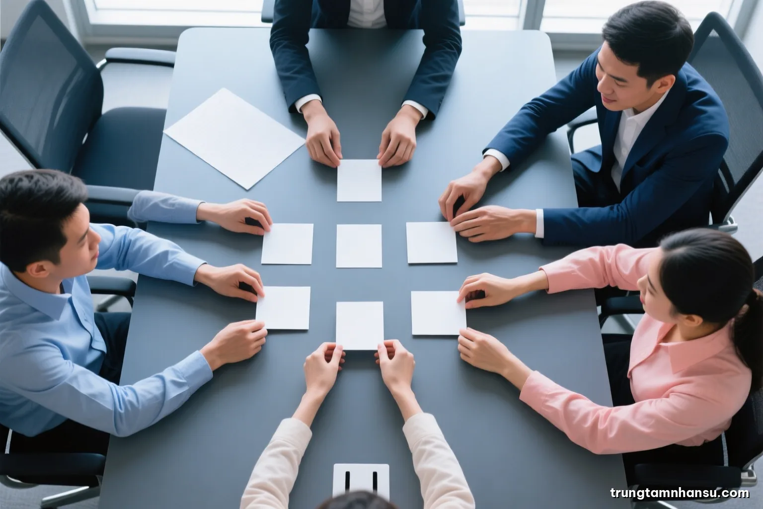 Overhead view of a conference table where six pairs of hands arrange blank square cards into a three by three grid, cool morning light, slate grey and indigo palette