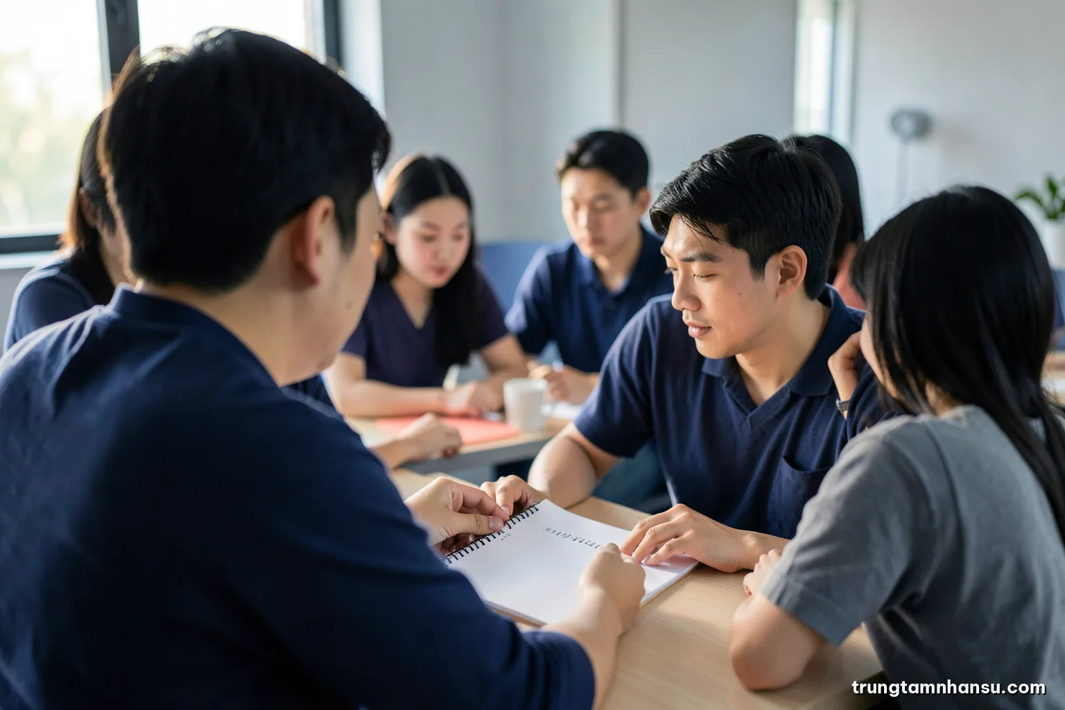 Over-the-shoulder view of a Vietnamese team leader and young employee reviewing a blank notepad at a quiet workstation, late afternoon side light, neutral grey and soft blue palette