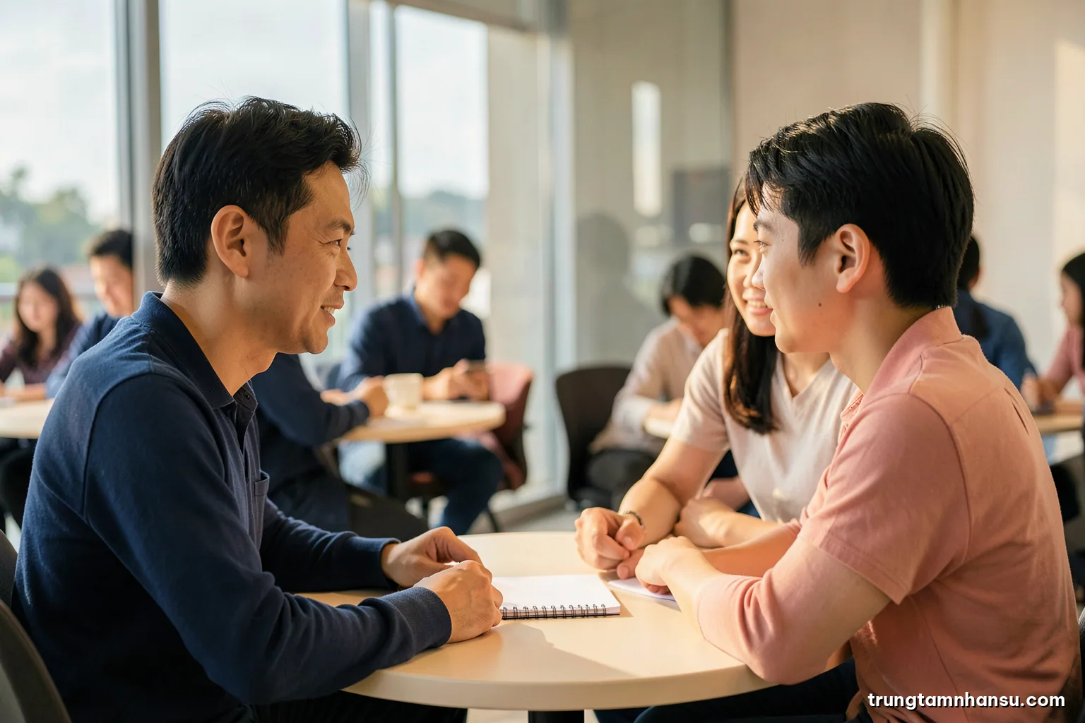 Side view of a Vietnamese manager and young employee talking across a small round table in a quiet glass meeting room, blank notepad between them, afternoon light, warm terracotta and ivory palette