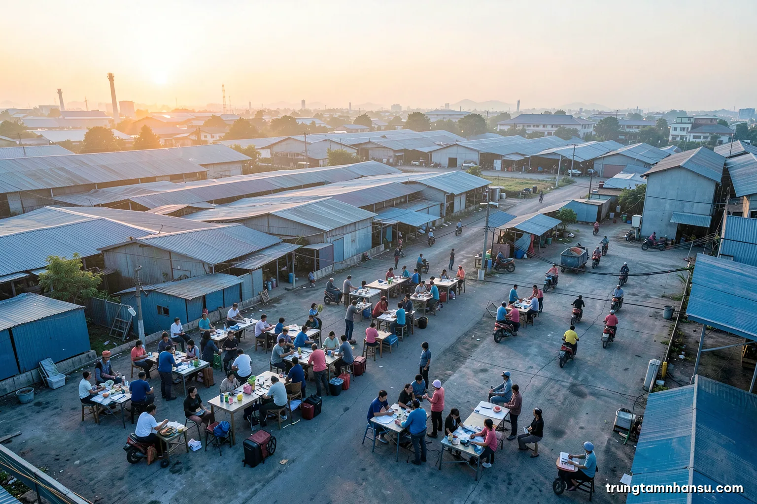 Wide aerial view of a Vietnamese industrial park at sunrise with rows of factory roofs and workers arriving on motorbikes, soft golden haze, cool blue and amber palette