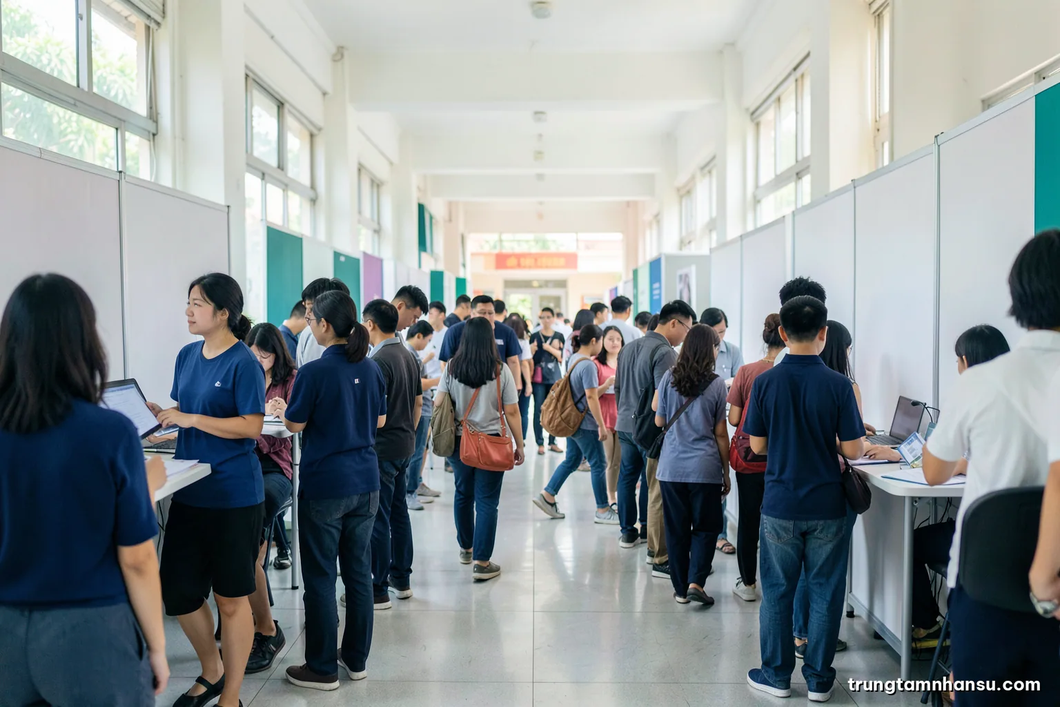 Low angle shot of a crowded university hallway in Hanoi during a career day, students walking past empty booths with blank white panels, bright natural light, teal and white palette