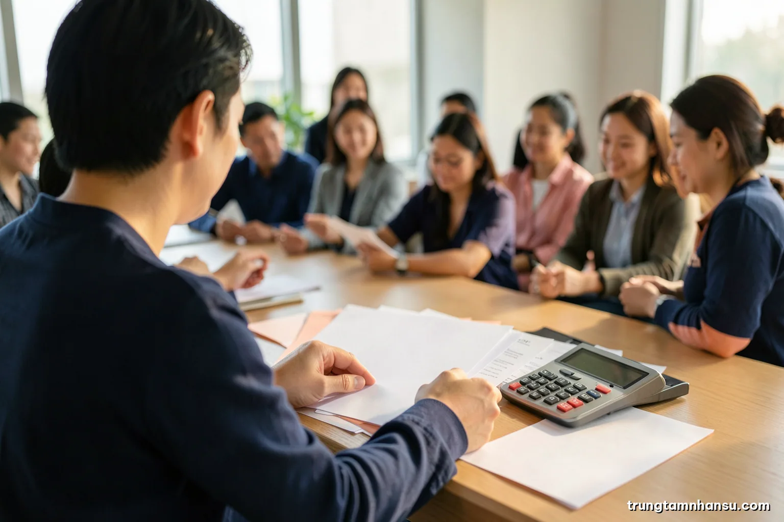 Over-the-shoulder view of a Vietnamese compensation analyst at a tidy desk comparing several blank paper sheets fanned out beside a calculator, late afternoon light, olive and warm grey palette