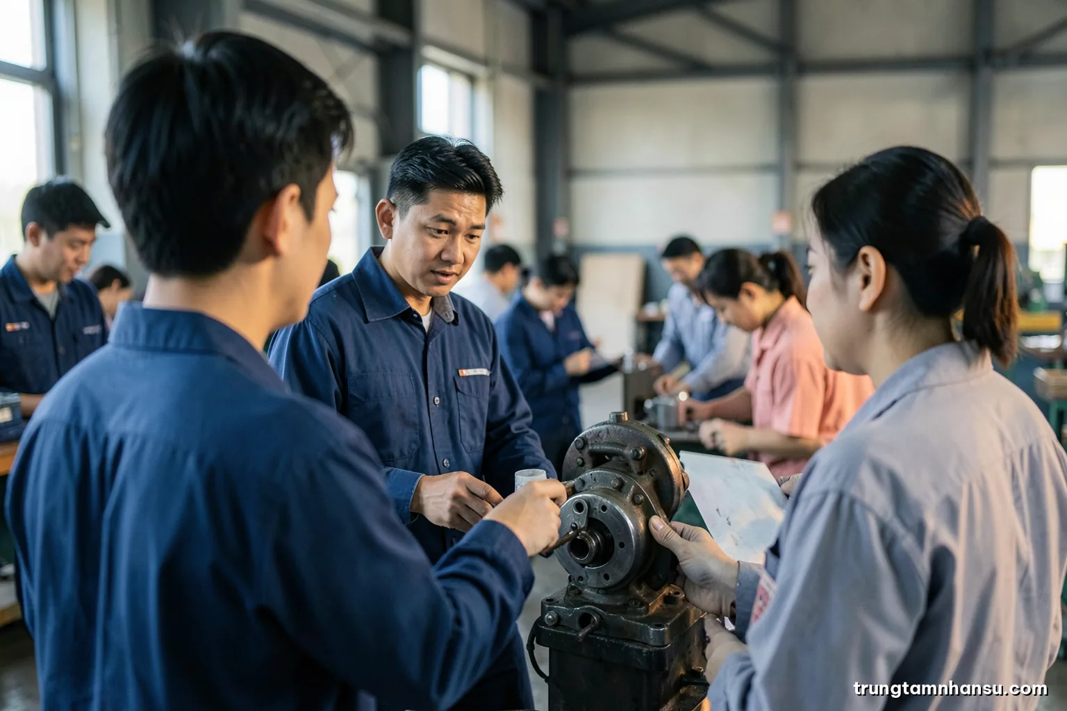 Over-the-shoulder view of a young Vietnamese engineer explaining a mechanical part to two colleagues on a factory floor, faces turned away, cool steel grey and amber light