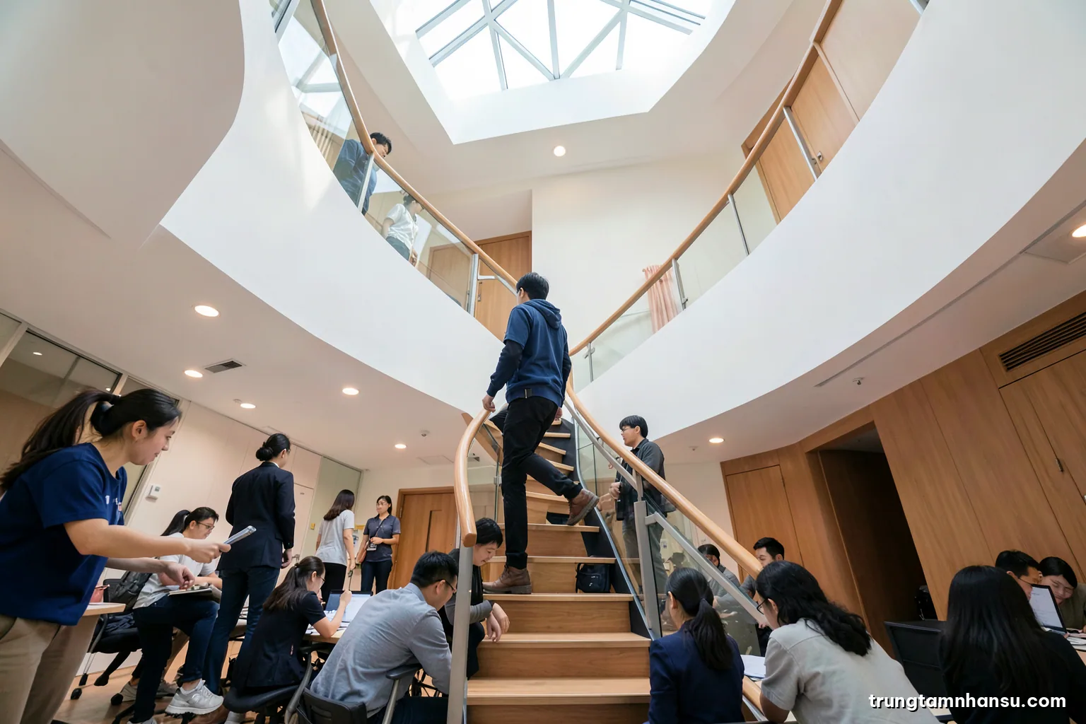 Low angle shot of a modern spiral staircase inside a Vietnamese office building atrium, a lone employee climbing midway, daylight from skylight, clean white and warm wood tones