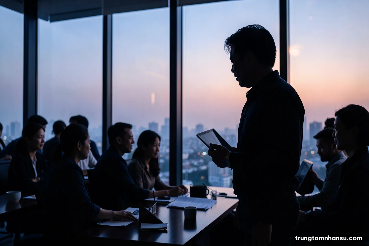 Silhouette of a Vietnamese manager standing by a large window overlooking a hazy city at dusk, holding a blank tablet, reflective mood, deep indigo and soft orange tones, wide composition