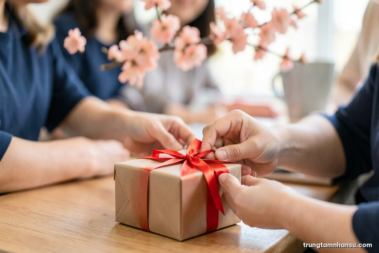 Close-up of Vietnamese hands tying a red ribbon around a plain gift box on a wooden office table, peach blossom branch blurred behind, soft warm light, red and blush pink palette