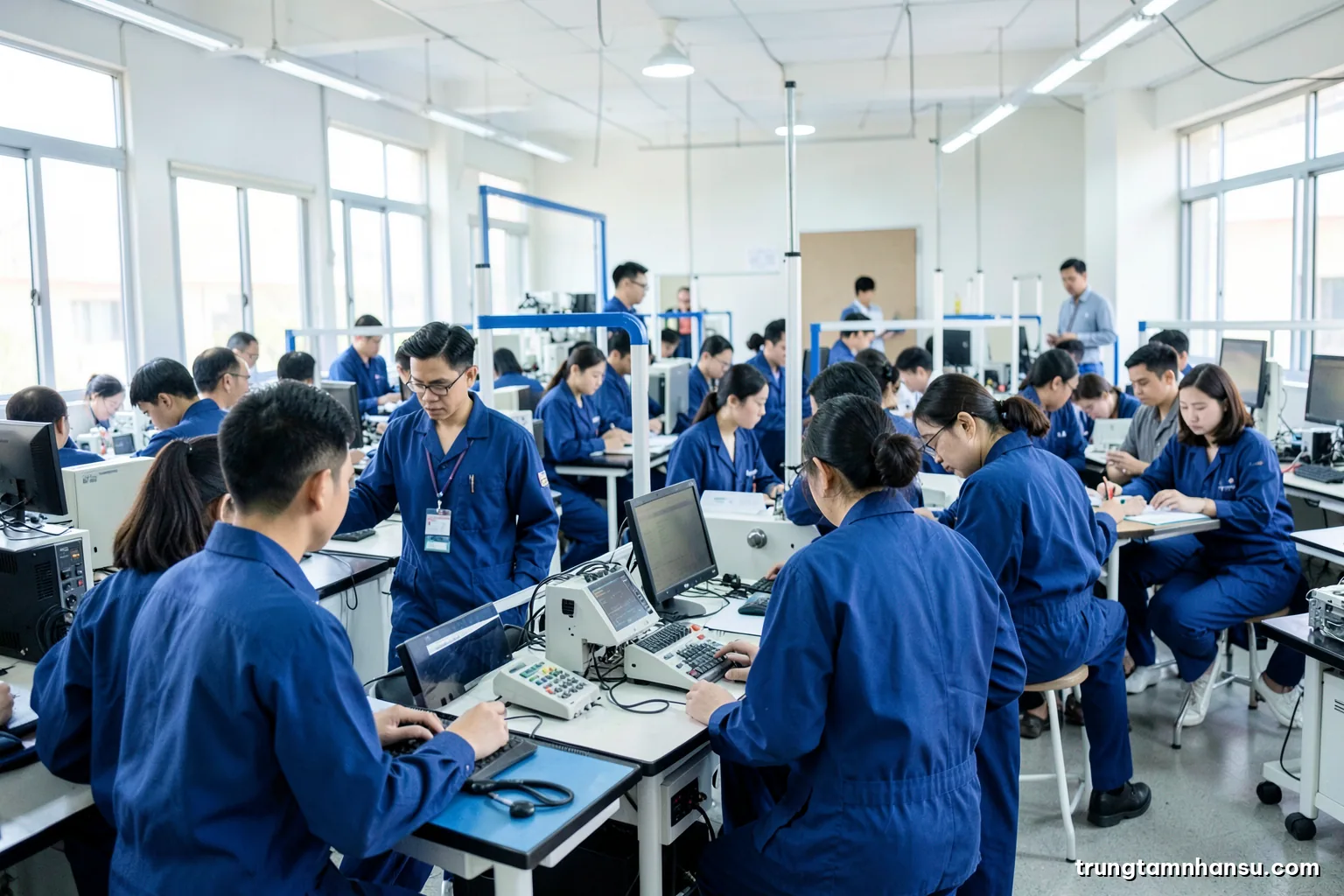 Wide shot of a clean Vietnamese electronics assembly line, workers in blue uniforms seen from behind rotating between stations, a supervisor observing, bright even lighting, blue and white palette