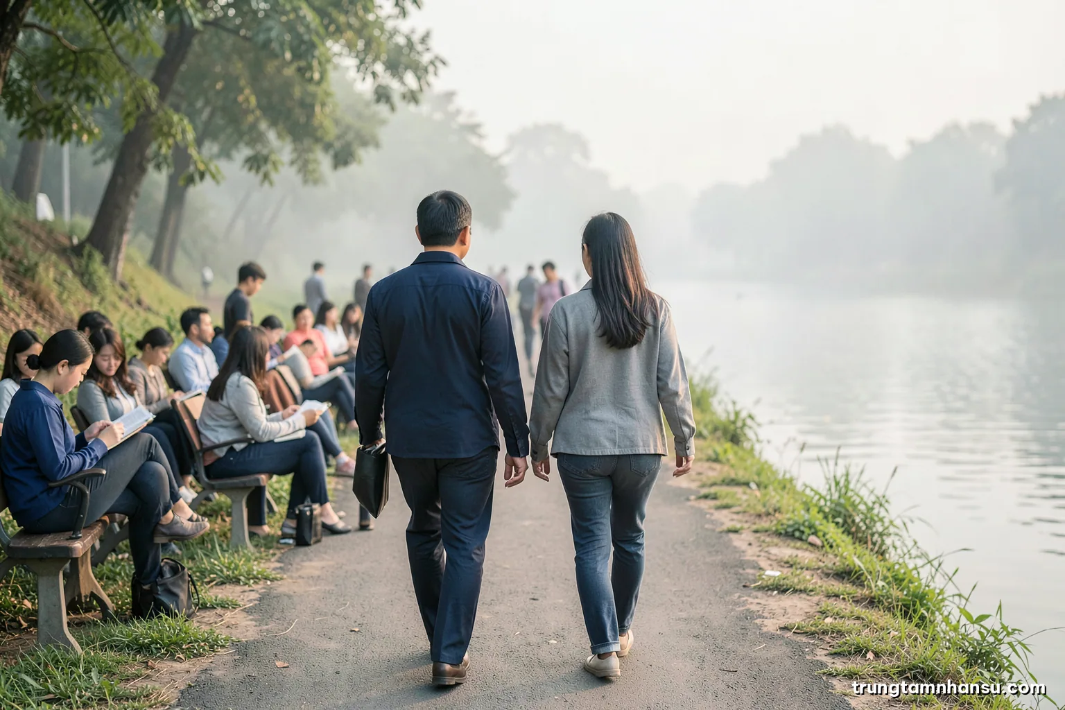 Two Vietnamese professionals walking side by side along a quiet riverside path in the early morning, seen from behind at a distance, mist and soft light, muted sage and pearl grey palette