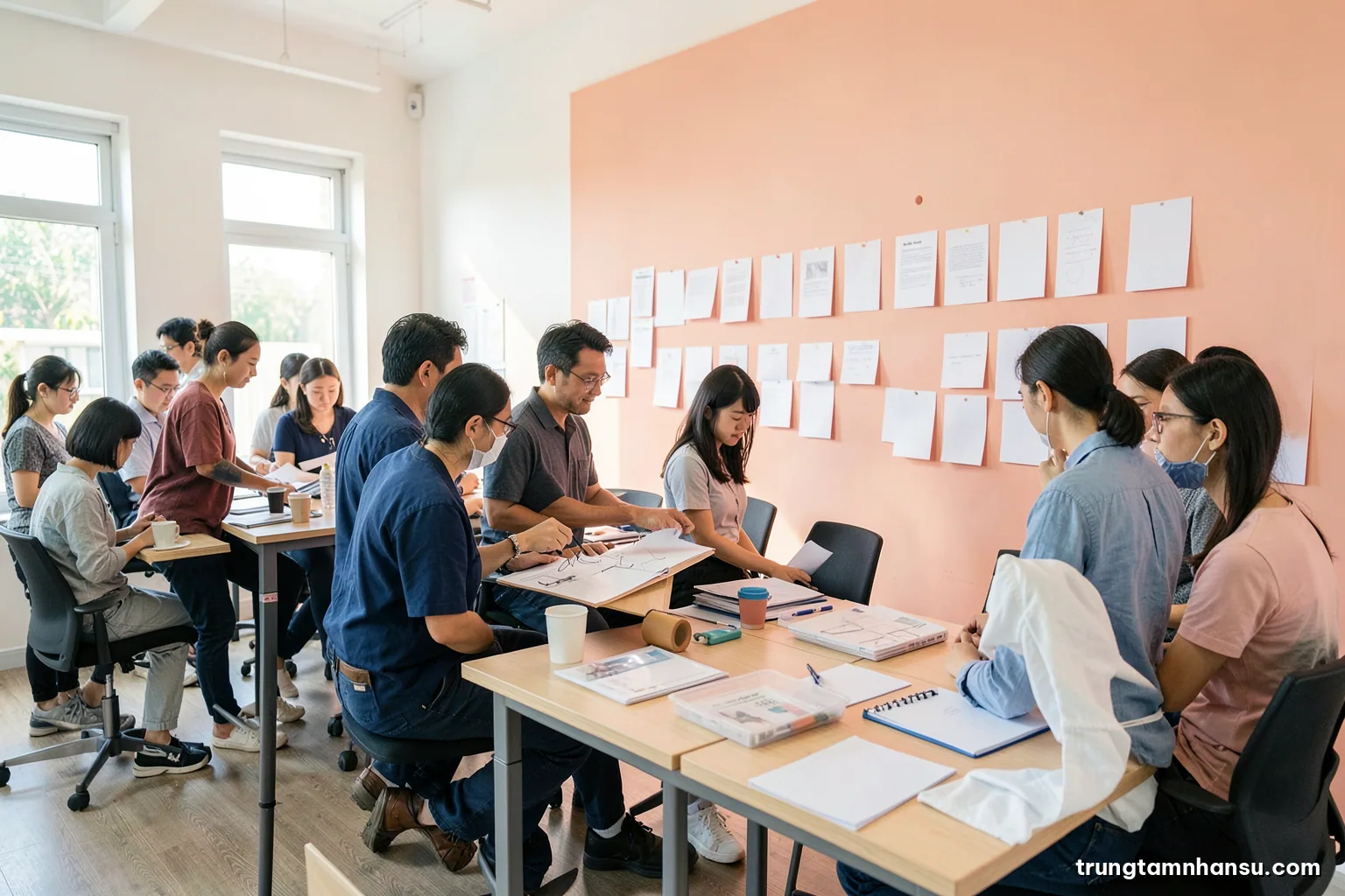 Wide shot of a bright training workshop room with modular tables, Vietnamese instructional designers arranging blank cards and prototypes on a long wall, natural daylight, white oak and coral palette