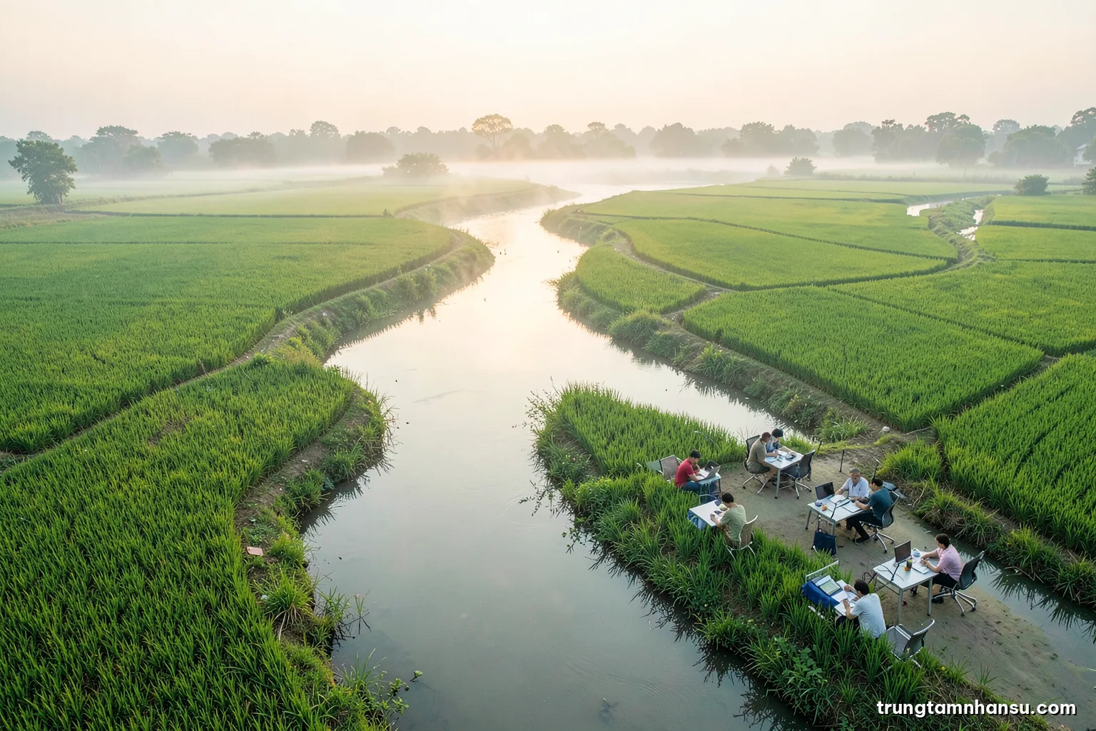 Aerial view of a winding river splitting into several channels across green Vietnamese rice fields at dawn, mist over water, soft green and pale gold palette