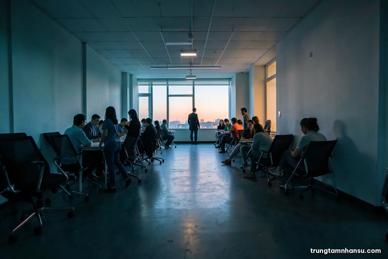 Empty open-plan office at dusk, scattered chairs pushed back unevenly, one figure silhouetted at a far window, long corridor perspective, cold teal and amber tones, wide low-angle shot