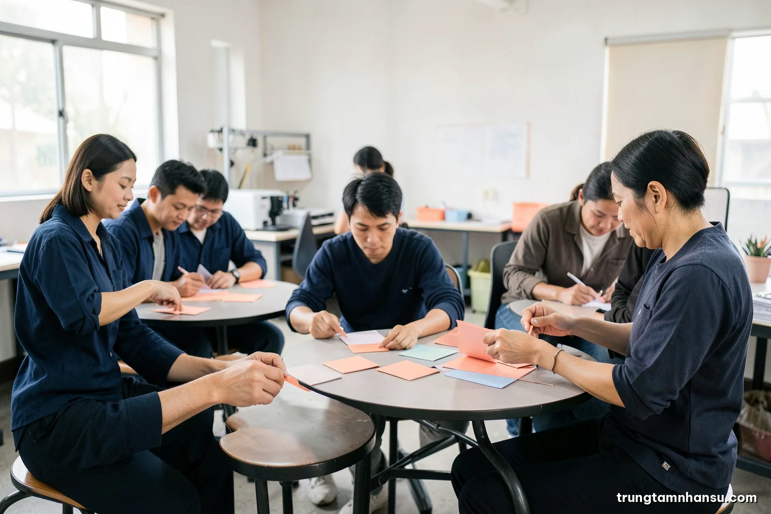 Wide shot of a bright Vietnamese company workshop room, three small teams clustered at separate round tables sorting blank colored cards, soft morning light, muted indigo and coral palette