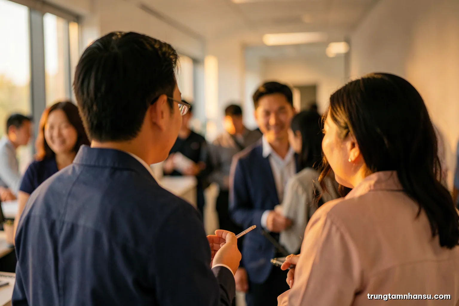 Over-the-shoulder view of a Vietnamese team lead showing a new colleague around a modern office corridor, blurred coworkers in background, golden hour light, warm amber and slate palette
