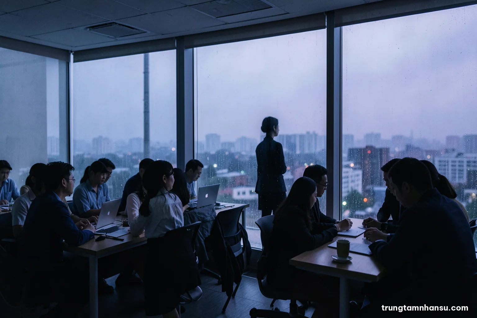 Silhouette of a young person standing alone by a large office window overlooking a rainy city at dusk, reflective mood, wide shot, desaturated blue and soft violet palette
