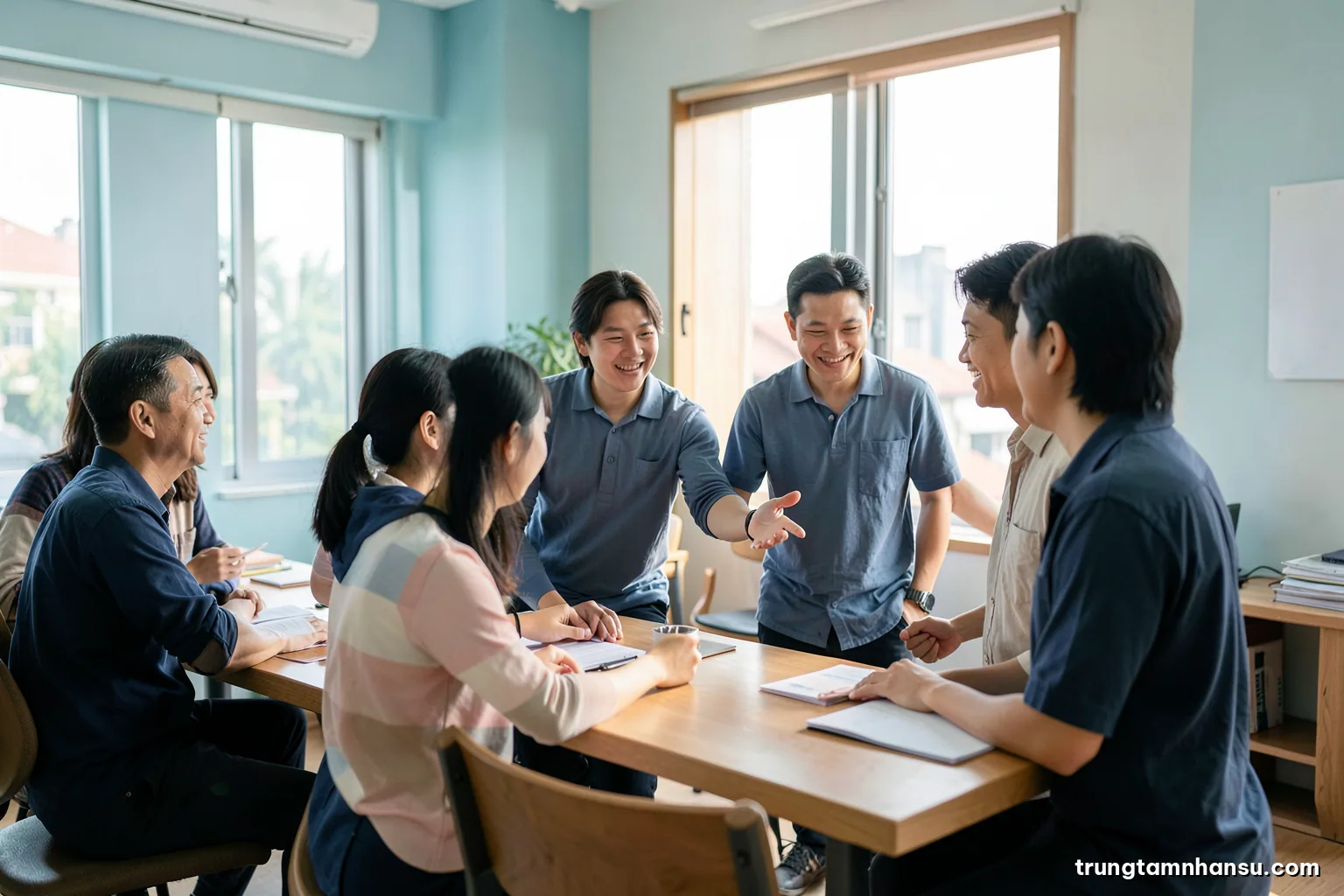 Wide shot of a bright open-plan office in Hanoi, a young Vietnamese employee being welcomed by two colleagues near a window, soft morning light, teal and warm wood palette