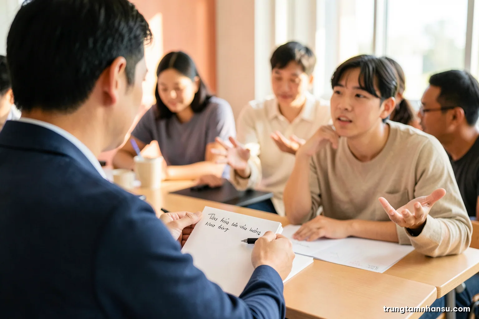 Over-the-shoulder view of a Vietnamese hiring manager taking handwritten notes on a blank pad while a young candidate gestures mid-story, warm afternoon light, terracotta and cream tones