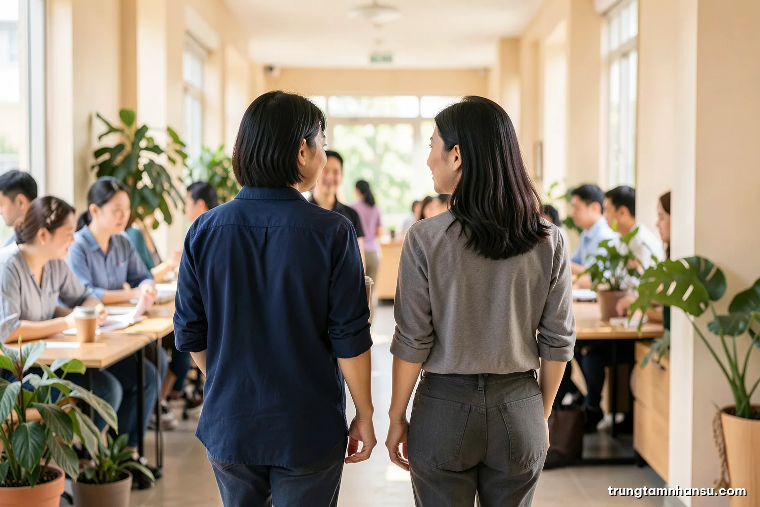 Two Vietnamese colleagues walking side by side along a sunlit corridor with plants, holding coffee cups, seen from behind at medium distance, relaxed conversation, warm beige and green tones