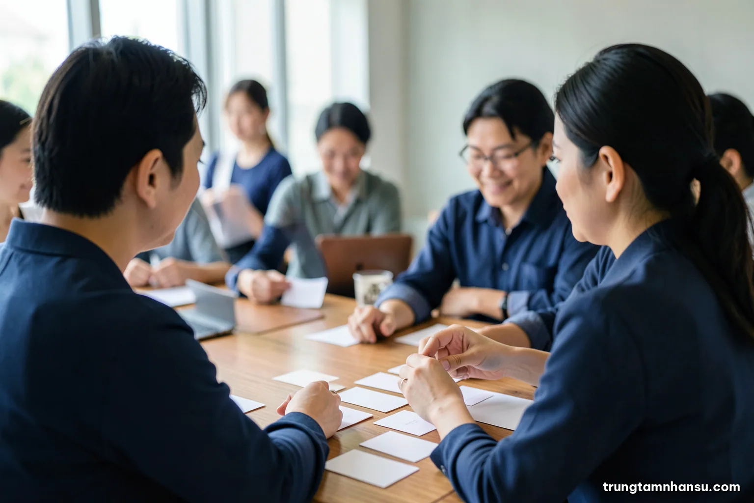 Over-the-shoulder view of a Vietnamese hiring manager and HR officer at a wooden table arranging blank index cards in a long row, morning window light, muted sage and oak tones