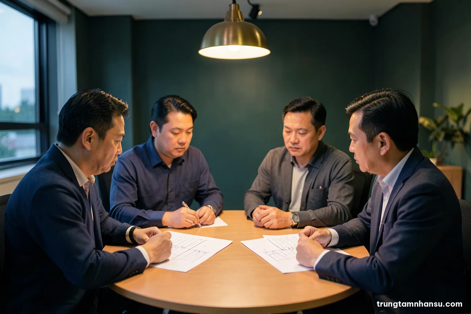 Wide shot of four Vietnamese managers around a round table reviewing blank scoring cards in silence, overhead pendant lights, evening atmosphere, deep green and brass tones