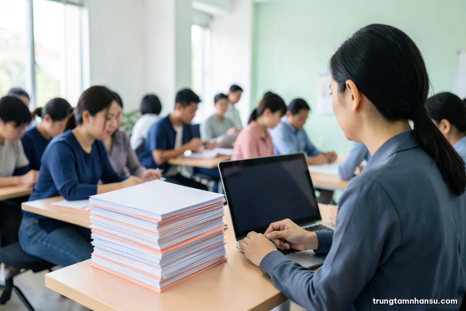 Wide shot of a bright recruitment office, a Vietnamese HR officer seen from behind sorting a tall stack of blank paper folders beside a laptop with dark screen, pastel green tones