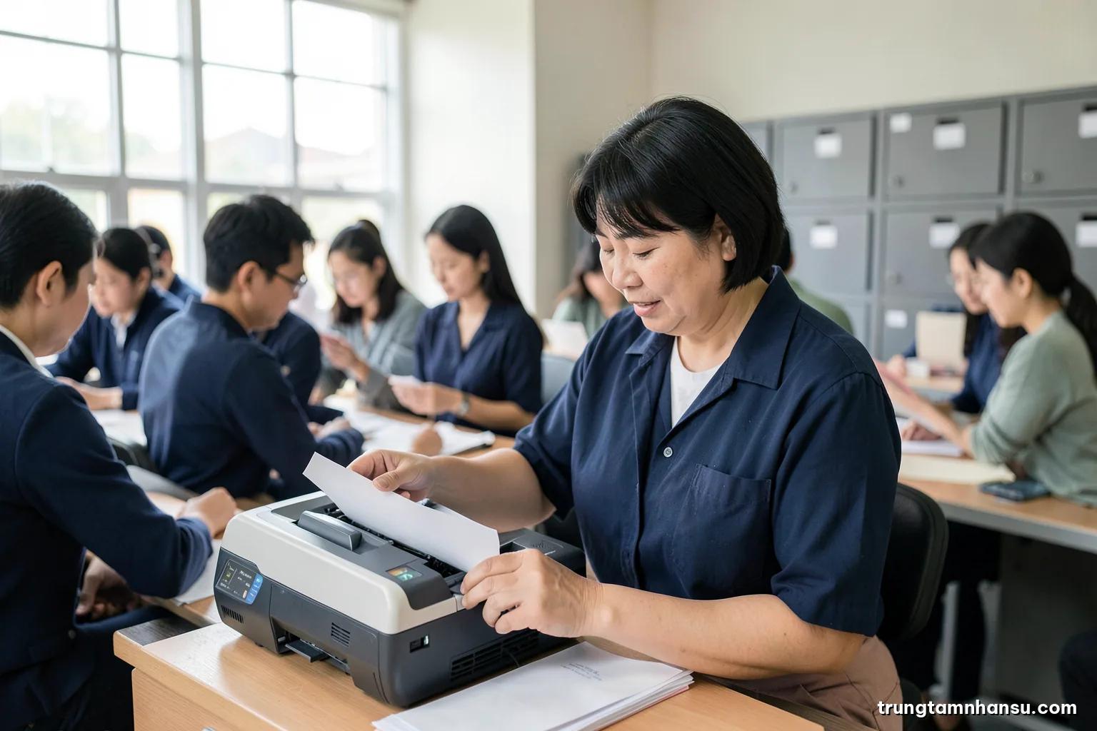 Wide shot of a sunlit archive room where a Vietnamese clerk feeds blank sheets into a compact scanner, rows of grey boxes behind, soft beige and sage palette