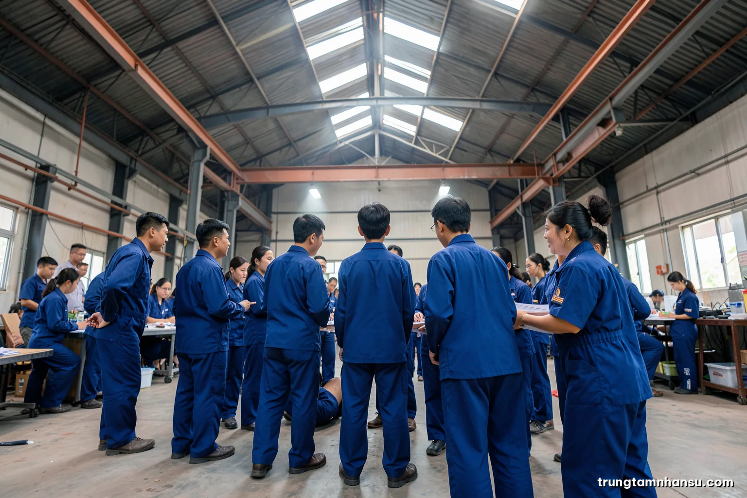 Low-angle view of a factory floor in Vietnam with workers in blue uniforms gathered in a loose circle around a supervisor, faces turned away, industrial skylight beams, steel grey and orange tones