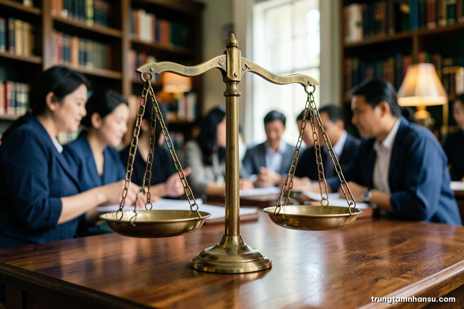 Low angle view of a large brass balance scale on a polished walnut table in a quiet library, warm lamplight, deep green and gold palette, shallow focus