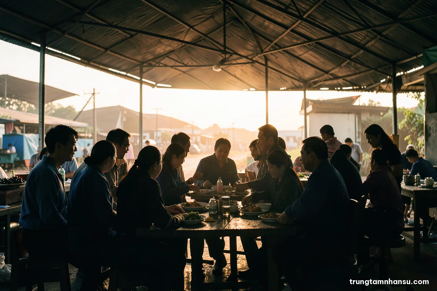 Silhouettes of factory workers chatting during a lunch break under a shaded canopy at a Binh Duong plant, backlit by afternoon sun, warm ochre and deep green palette