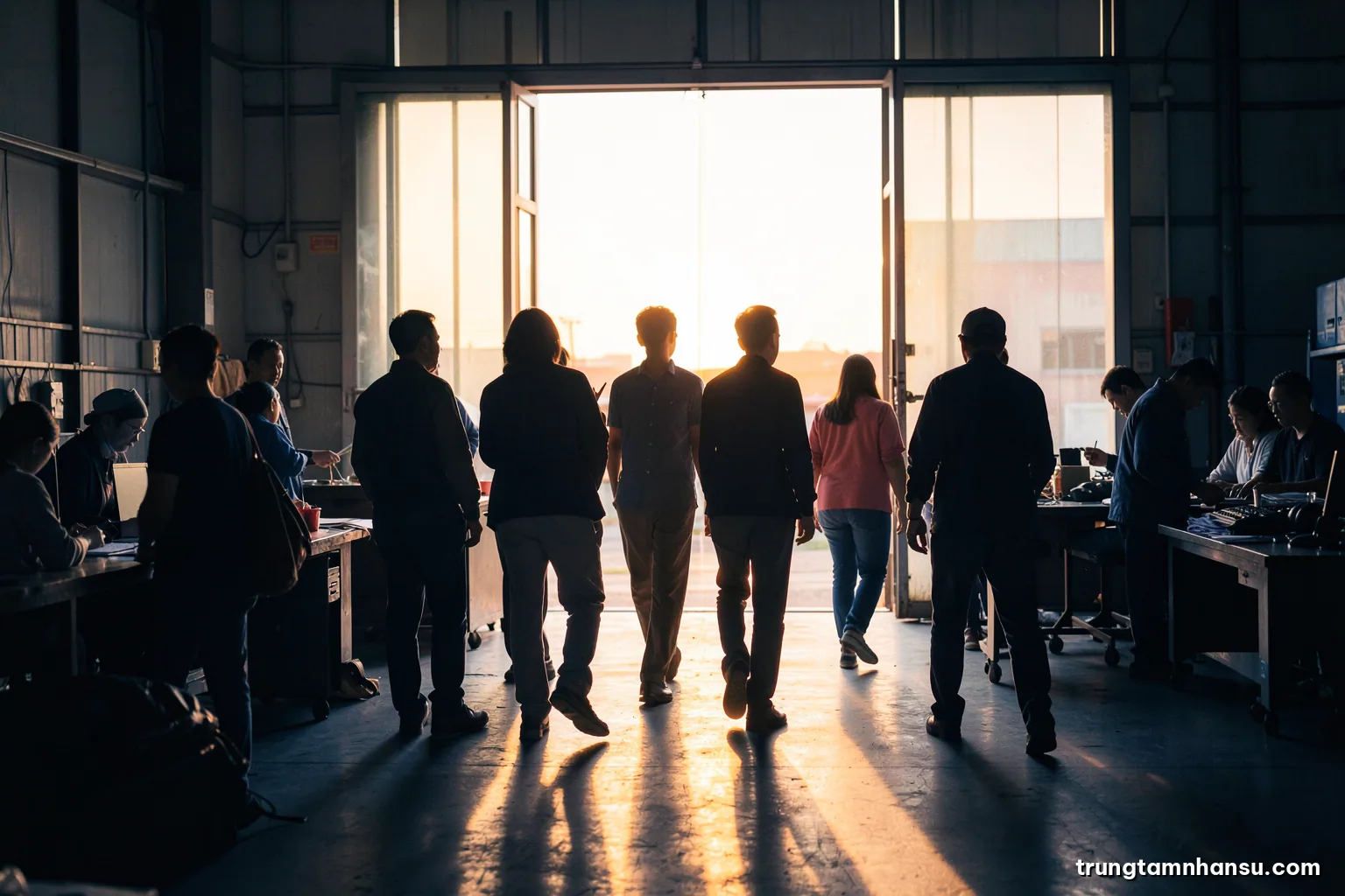 Silhouette of a Vietnamese factory team walking out of a bright production hall at shift change, backlit by evening sun through tall doors, long shadows, amber and steel blue palette