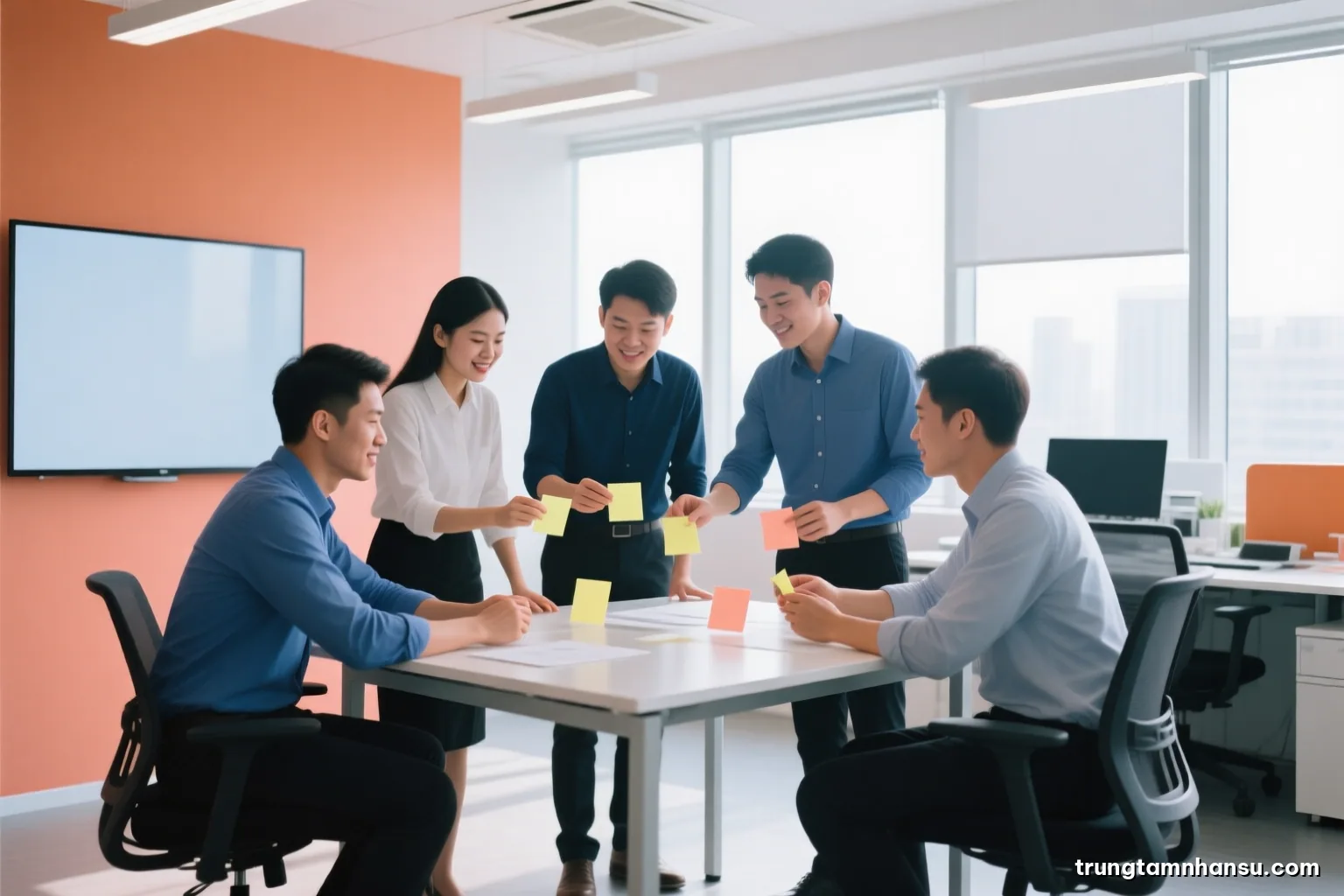 Wide shot of a Vietnamese team of five gathered around a standing table in an open-plan office, hands moving blank sticky notes, morning backlight from tall windows, crisp white and orange palette