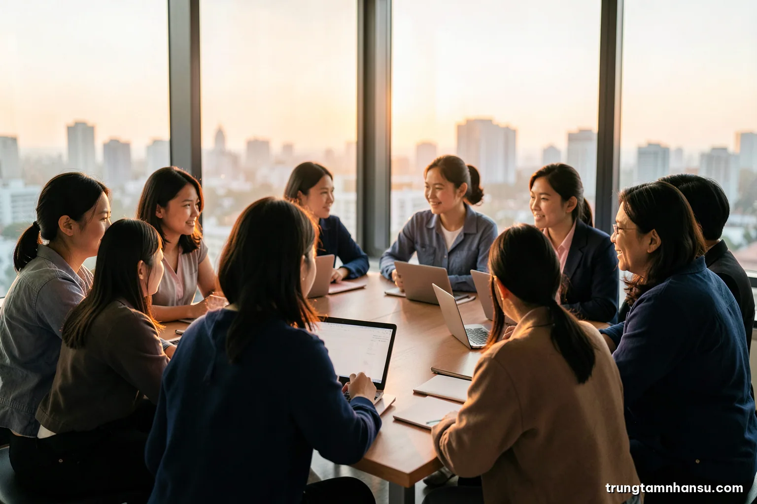 Group of Vietnamese colleagues seen from behind gathered around a long table with laptops closed and blank notepads, large window with city skyline, golden hour, warm amber tones